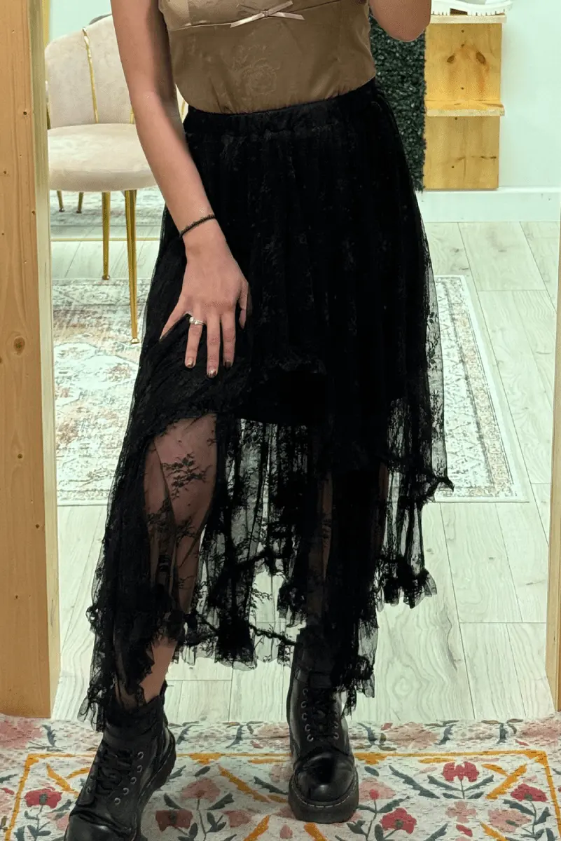 Black Lace Cascading Tiered High Waist Maxi Skirt Women - Love Salve